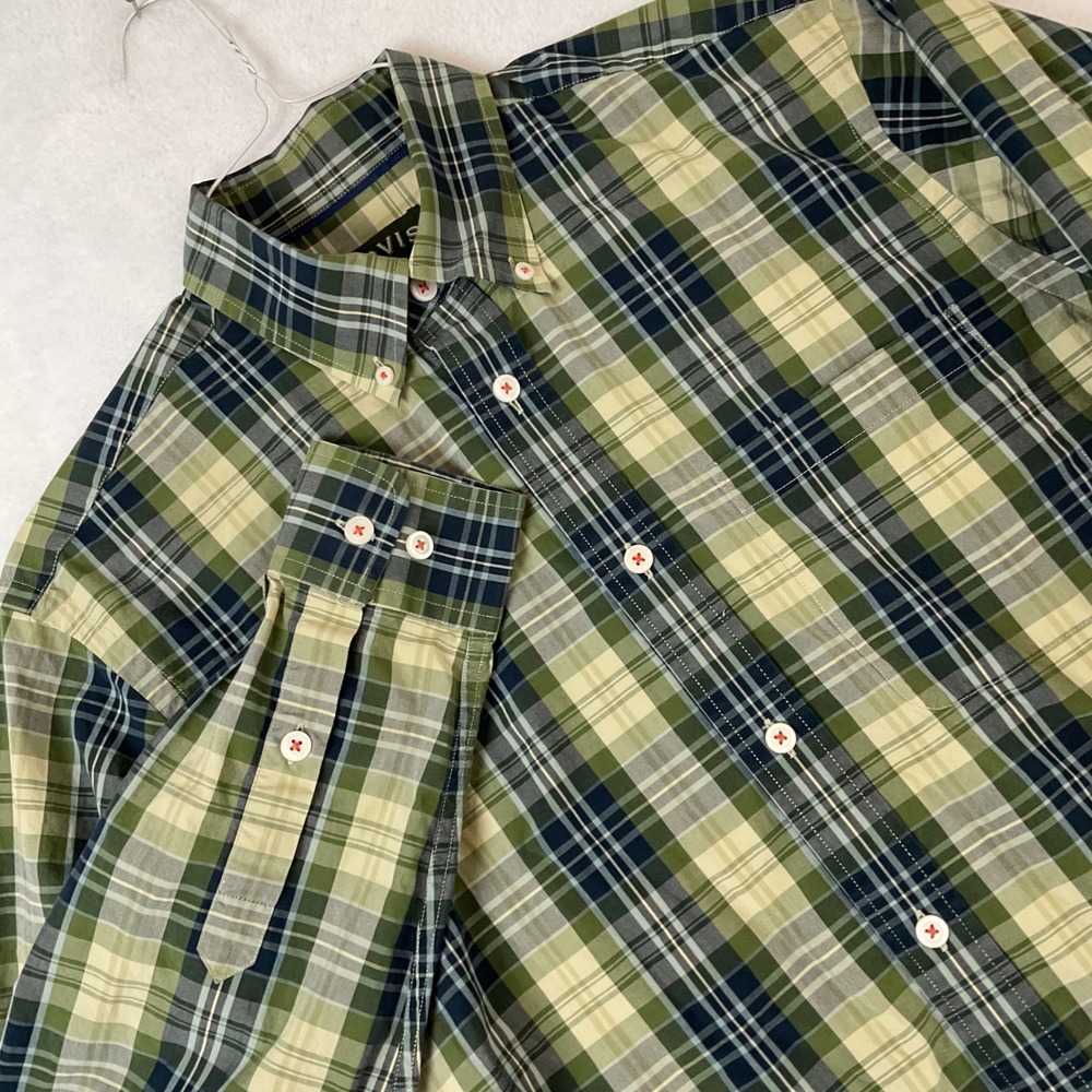 Orvis Mens Heritage Wash Plaid Button Down Shirt Green Navy Blue Cotton Medium M